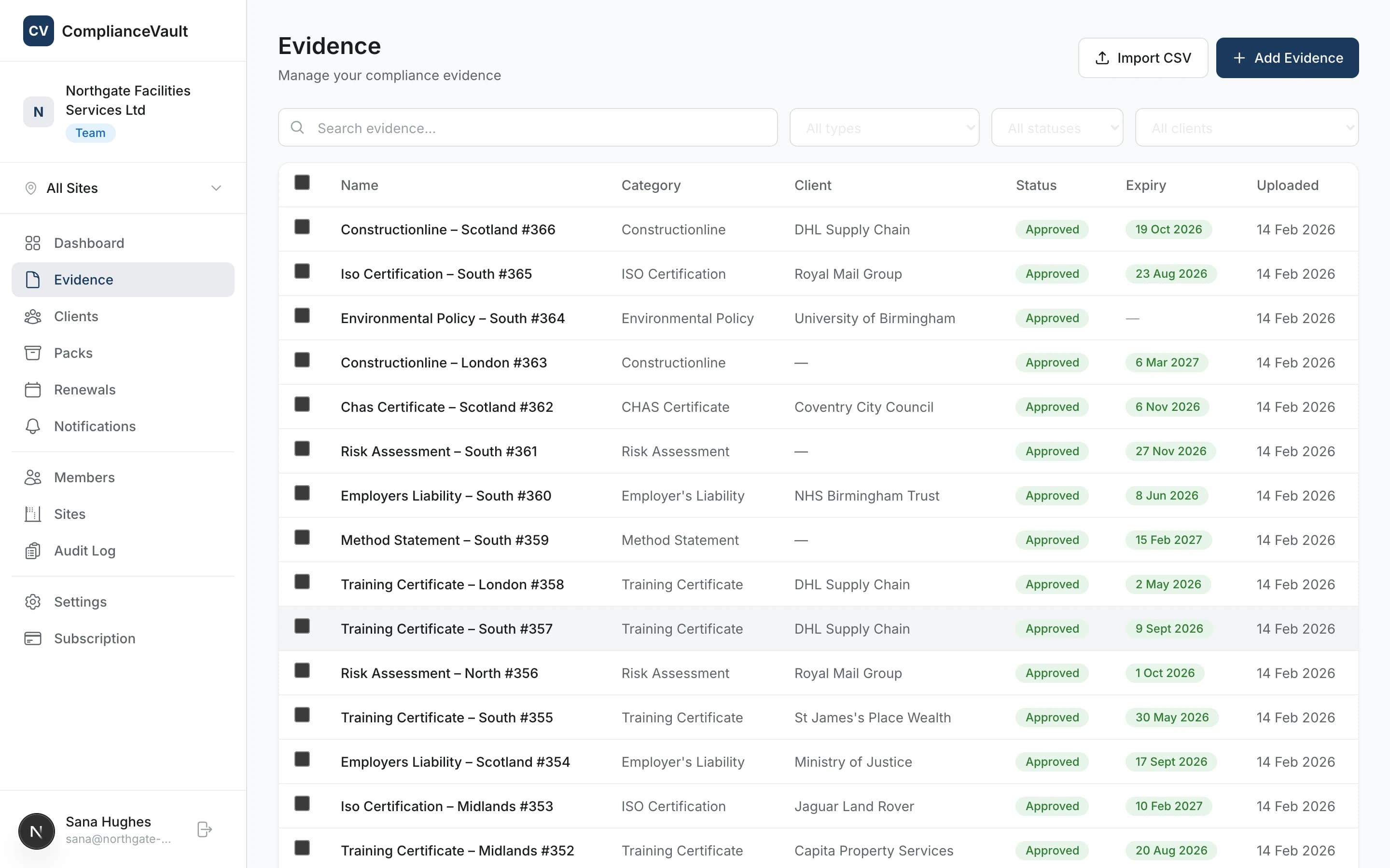 Evidence list showing pending, approved, and rejected approval statuses