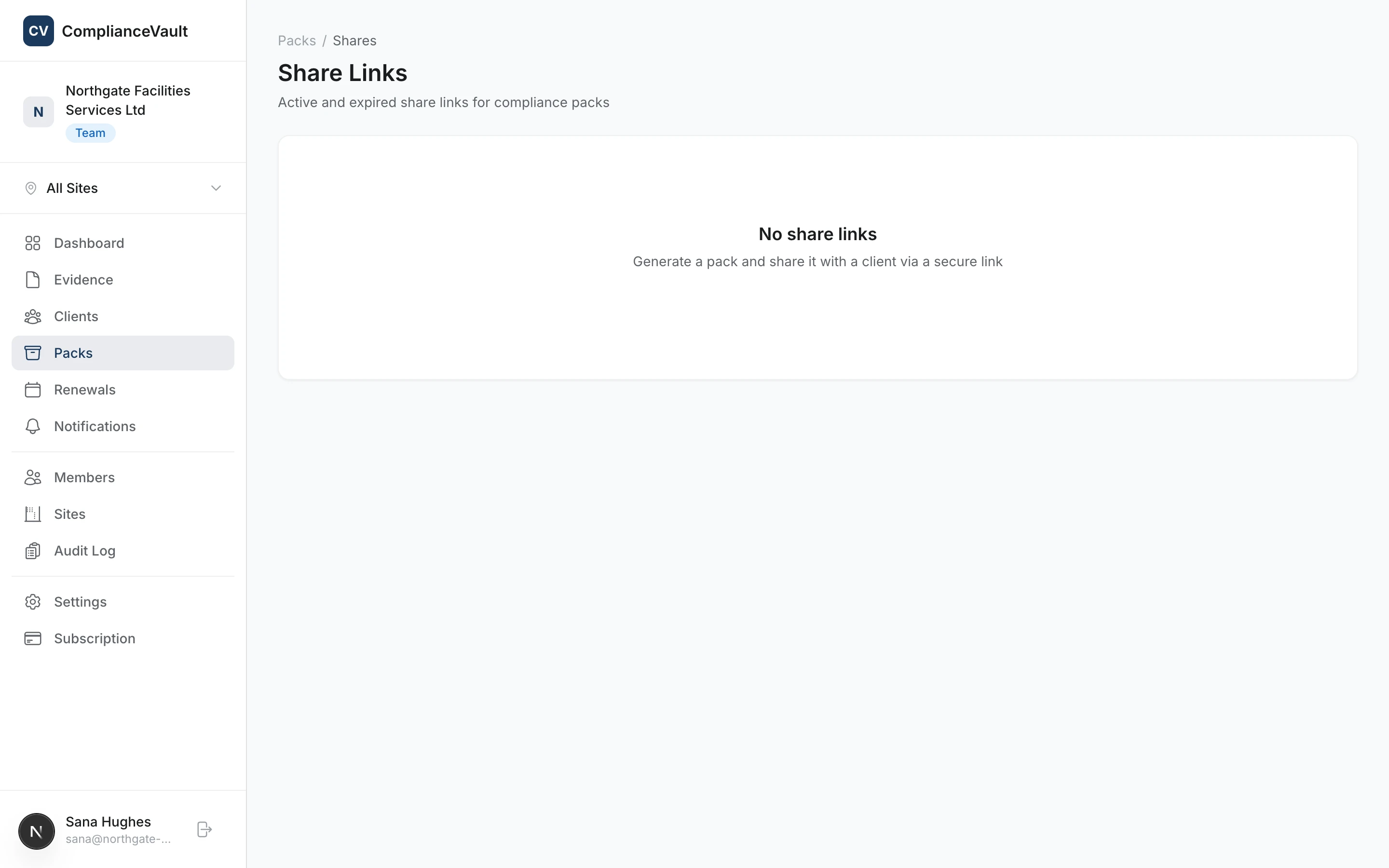 Shared pack links with expiry dates and access tracking
