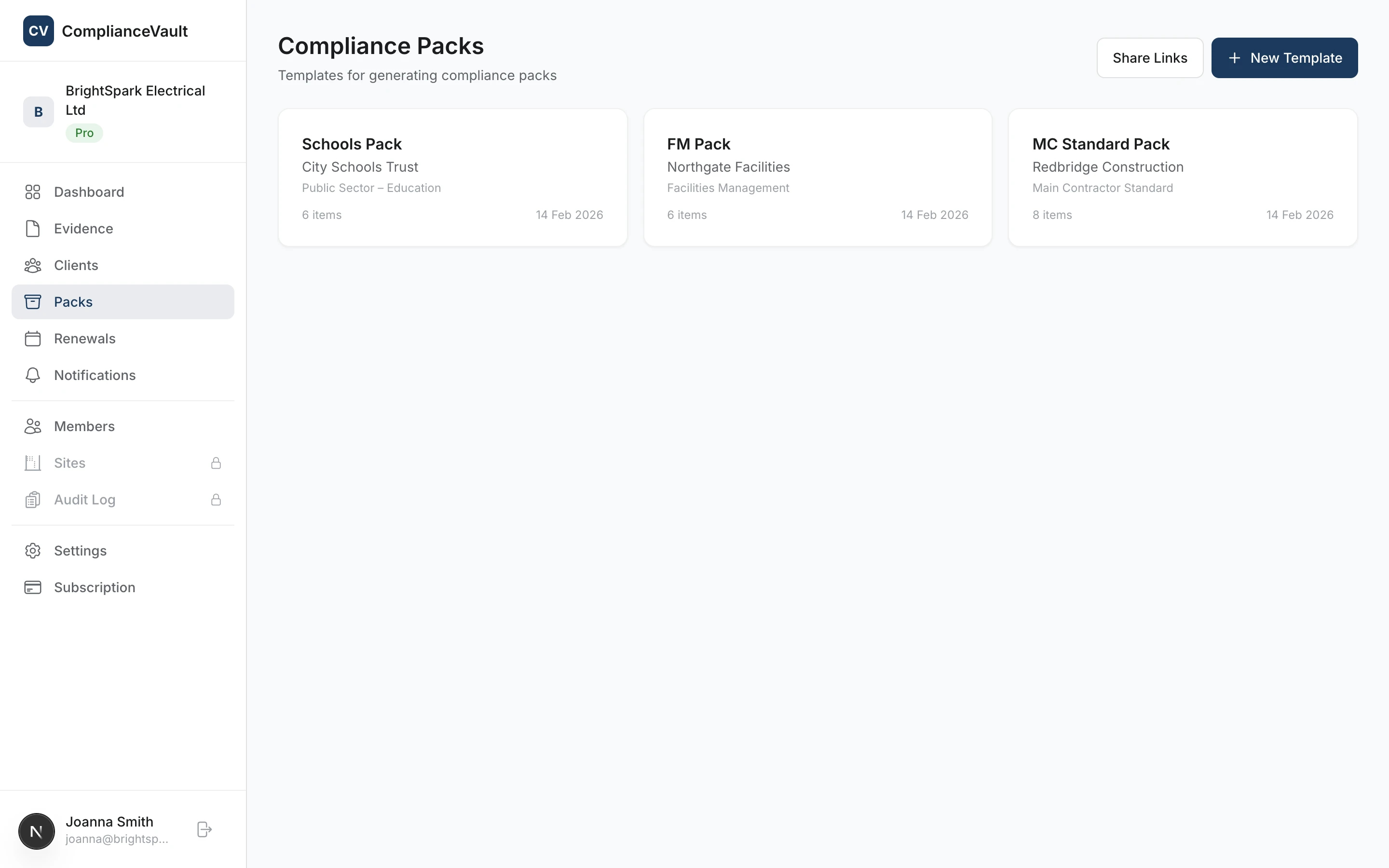 Compliance packs screen